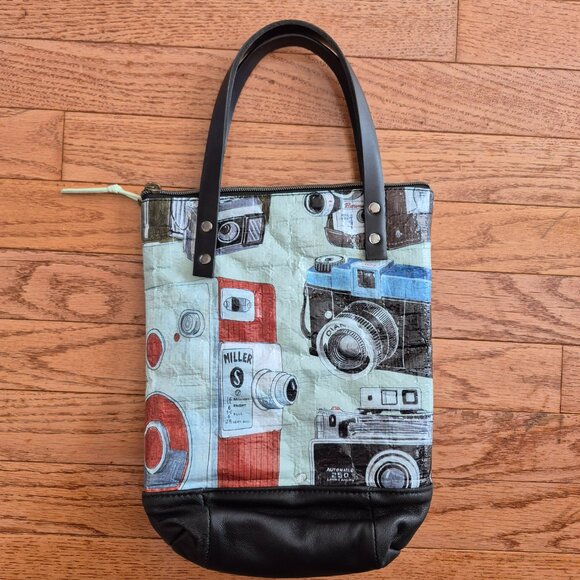 Retro Camera Print Leather Tote Bag Small OOAK One of a Kind Graphic Print - Picture 5 of 13